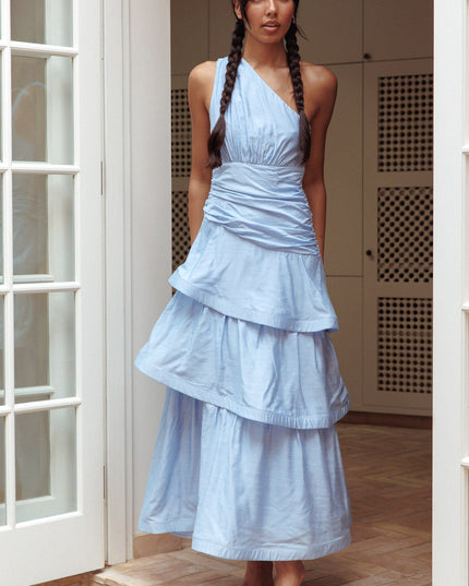 Blue One Shoulder Tiered Maxi Dress Solid