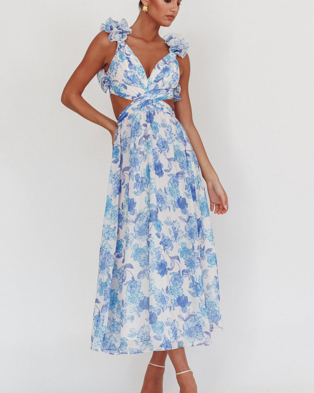 Blue Lace-Up Back Maxi Dress Floral