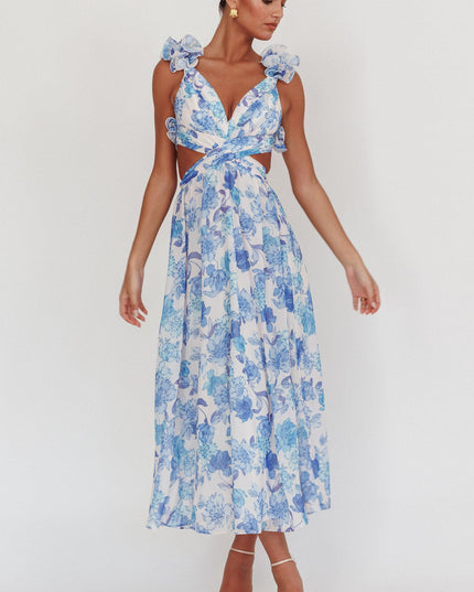 Blue Lace-Up Back Maxi Dress Floral