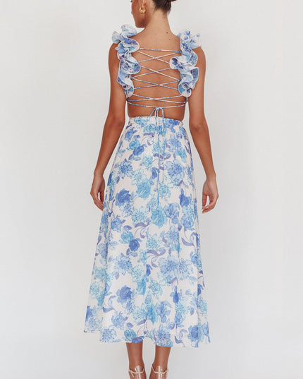Blue Lace-Up Back Maxi Dress Floral