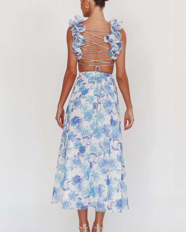 Blue Lace-Up Back Maxi Dress Floral
