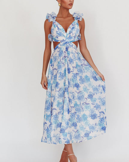 Blue Lace-Up Back Maxi Dress Floral