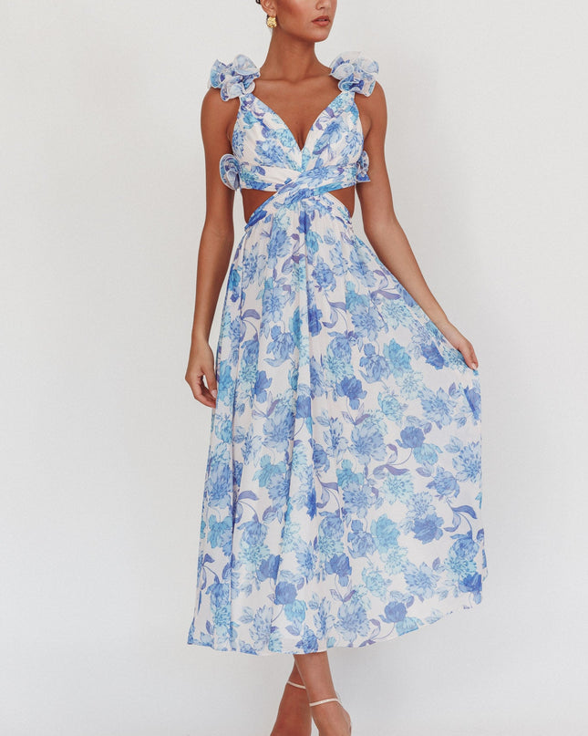 Blue Lace-Up Back Maxi Dress Floral
