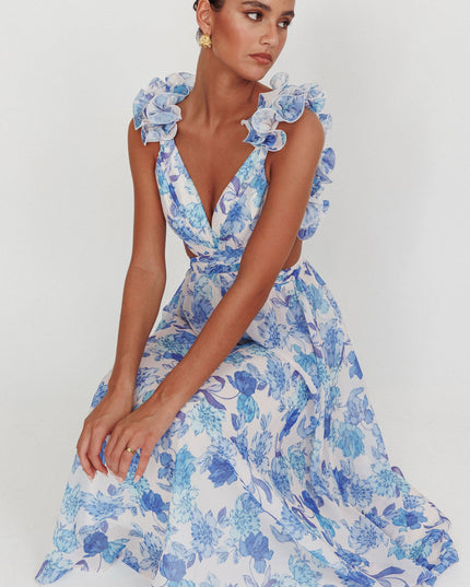 Blue Lace-Up Back Maxi Dress Floral