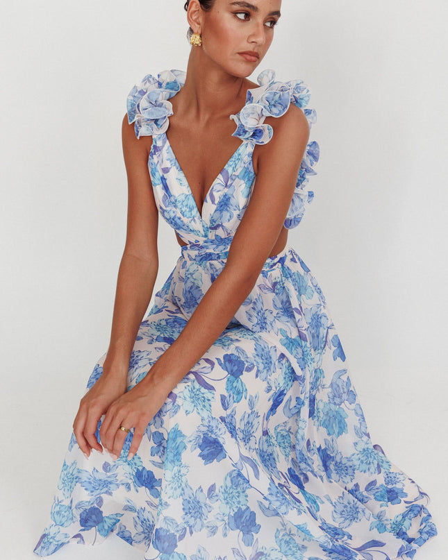 Blue Lace-Up Back Maxi Dress Floral
