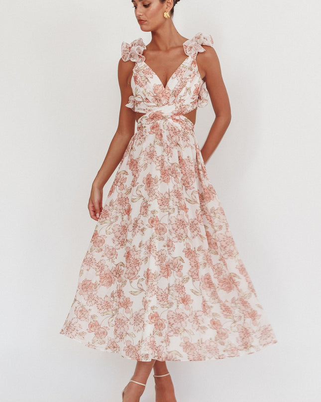 Peach Lace-Up Back Maxi Dress Floral