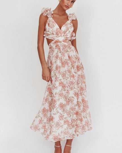 Peach Lace-Up Back Maxi Dress Floral