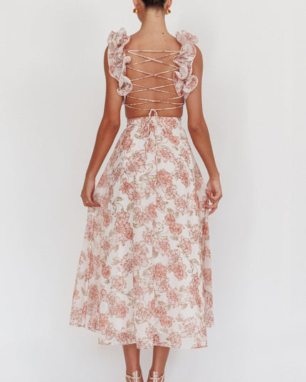 Peach Lace-Up Back Maxi Dress Floral