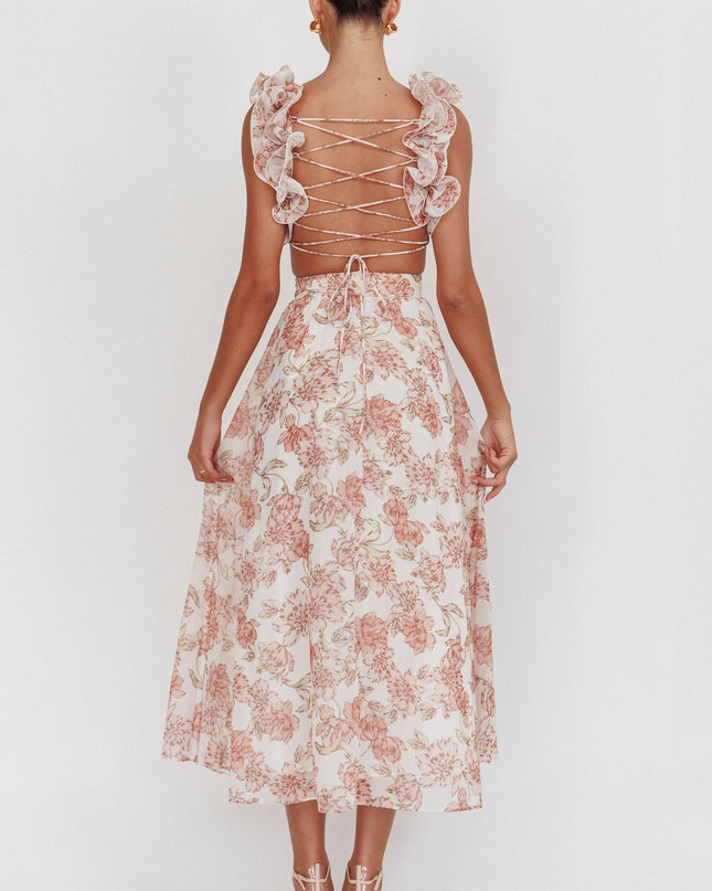 Peach Lace-Up Back Maxi Dress Floral