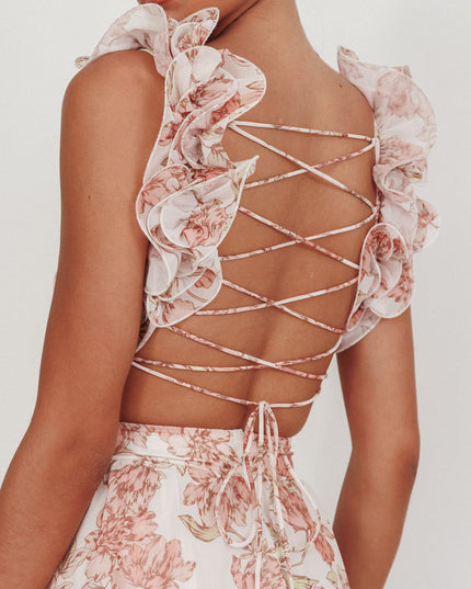 Peach Lace-Up Back Maxi Dress Floral