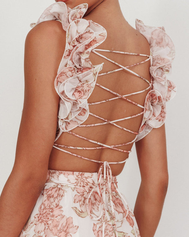 Peach Lace-Up Back Maxi Dress Floral