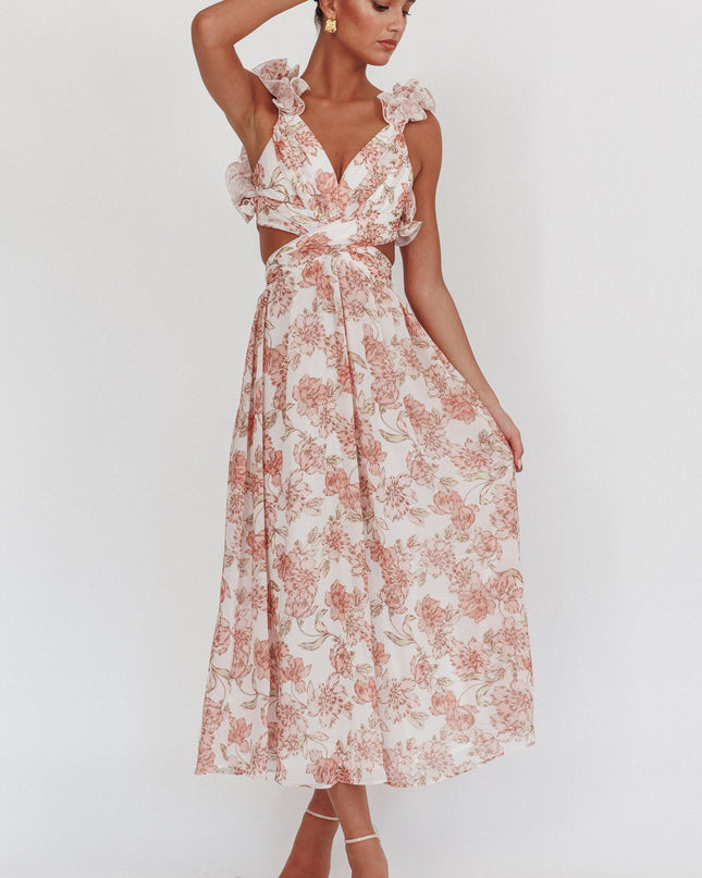 Peach Lace-Up Back Maxi Dress Floral