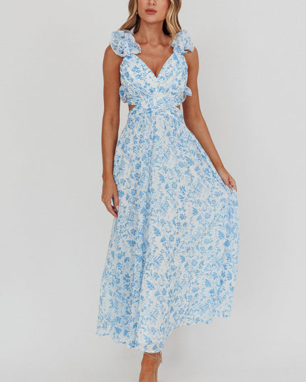 Blue Lace-Up Back Maxi Dress Flowers