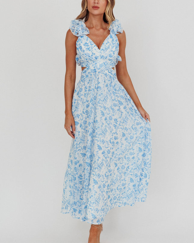 Blue Lace-Up Back Maxi Dress Flowers