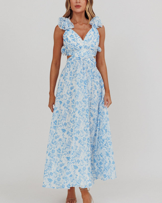 Blue Lace-Up Back Maxi Dress Flowers