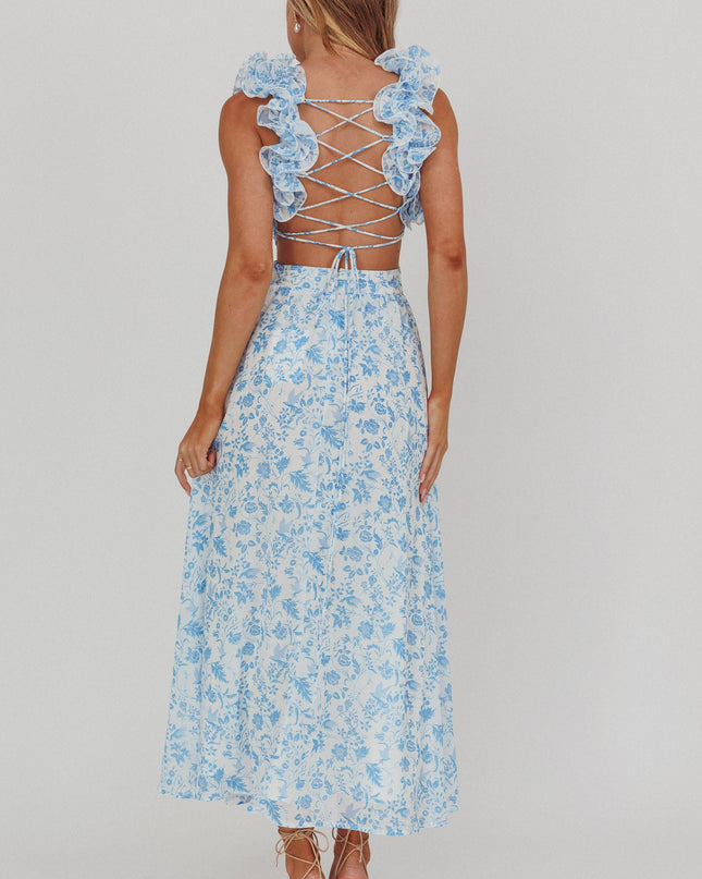 Blue Lace-Up Back Maxi Dress Flowers