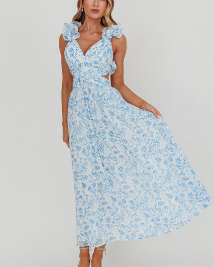 Blue Lace-Up Back Maxi Dress Flowers