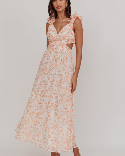 Orange Lace-Up Back Maxi Dress Flowers