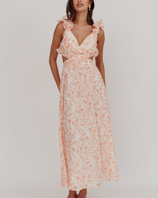 Orange Lace-Up Back Maxi Dress Flowers