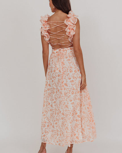 Orange Lace-Up Back Maxi Dress Flowers
