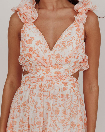 Orange Lace-Up Back Maxi Dress Flowers