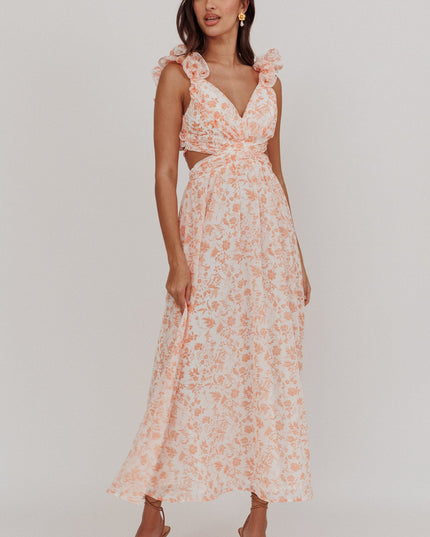 Orange Lace-Up Back Maxi Dress Flowers