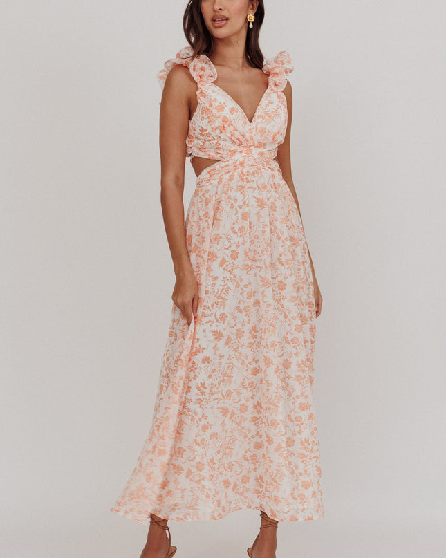 Orange Lace-Up Back Maxi Dress Flowers