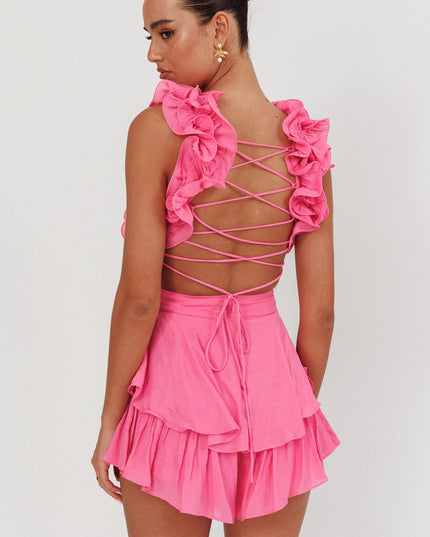 Pink Lace-Up Back Romper