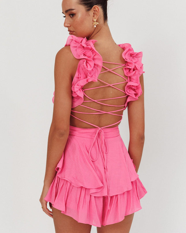 Pink Lace-Up Back Romper