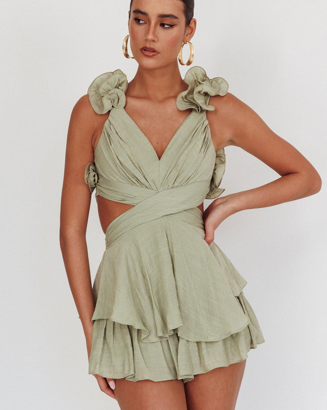 Sage Lace-Up Back Romper