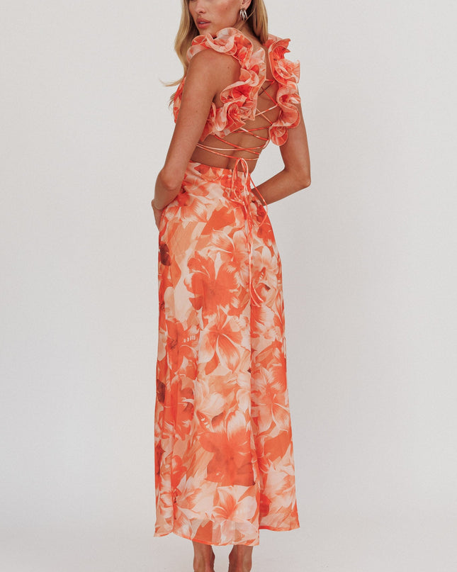 Orange Lace-Up Back Maxi Dress