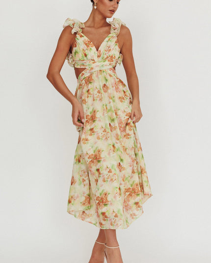 Orange Lace-Up Back Floral Maxi Dress