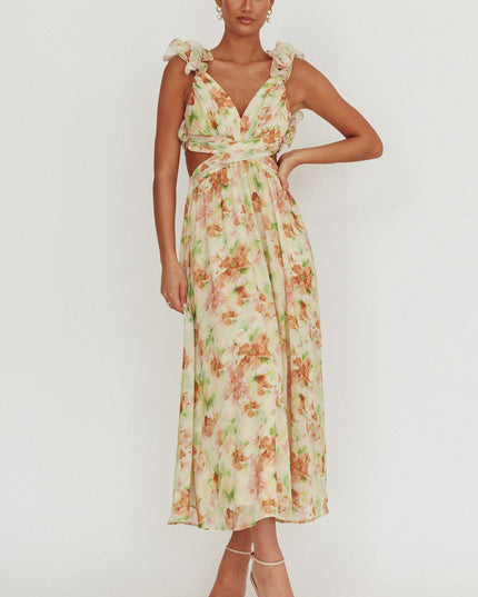 Orange Lace-Up Back Floral Maxi Dress