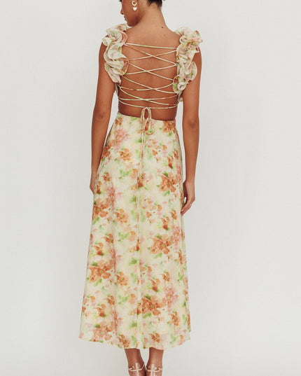 Orange Lace-Up Back Floral Maxi Dress