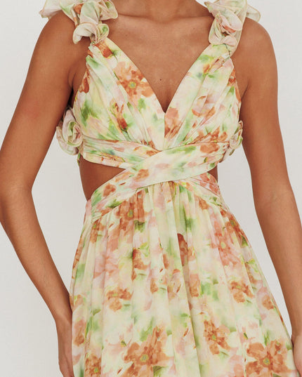 Orange Lace-Up Back Floral Maxi Dress
