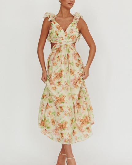 Orange Lace-Up Back Floral Maxi Dress