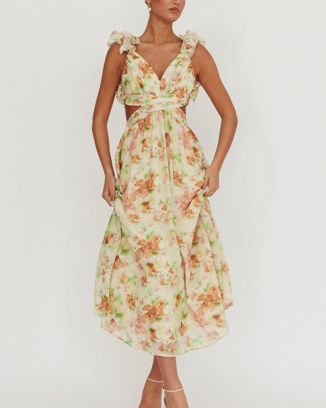 Orange Lace-Up Back Floral Maxi Dress