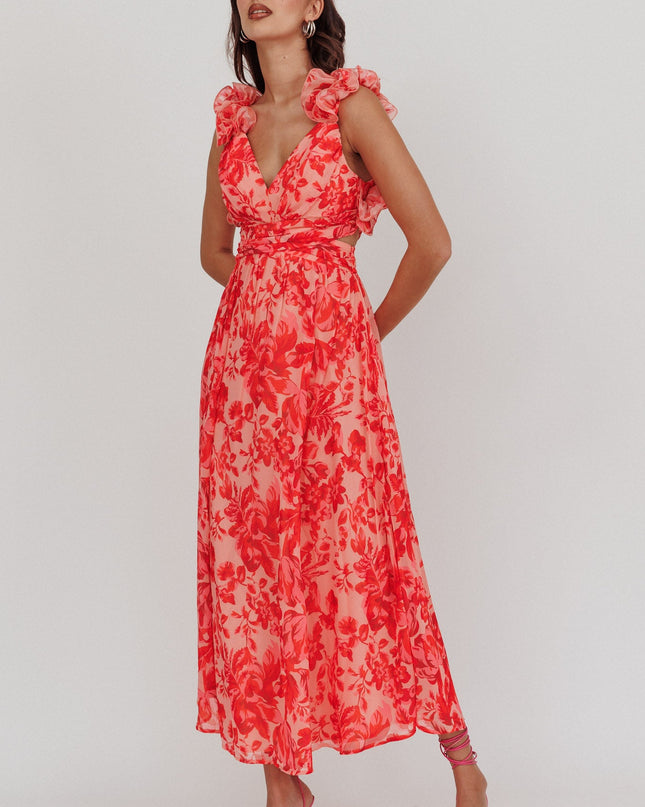 Red Lace-Up Back Maxi Dress Floral