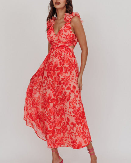 Red Lace-Up Back Maxi Dress Floral