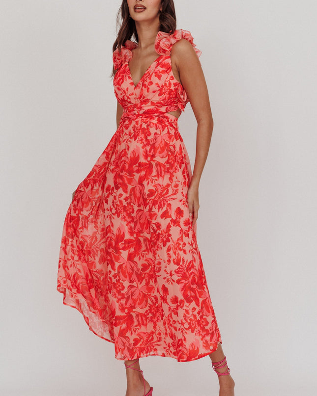 Red Lace-Up Back Maxi Dress Floral