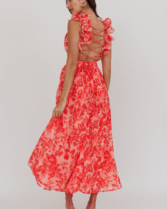 Red Lace-Up Back Maxi Dress Floral
