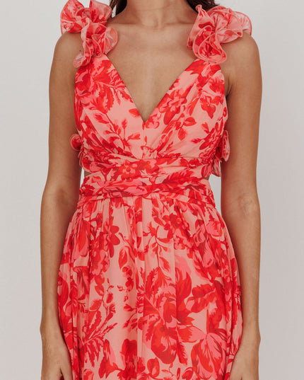 Red Lace-Up Back Maxi Dress Floral