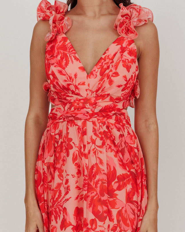 Red Lace-Up Back Maxi Dress Floral