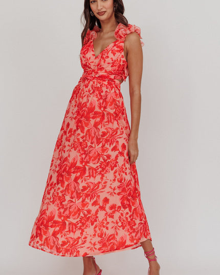 Red Lace-Up Back Maxi Dress Floral
