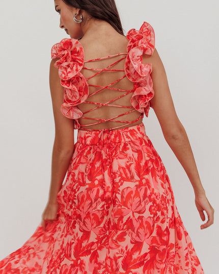 Red Lace-Up Back Maxi Dress Floral