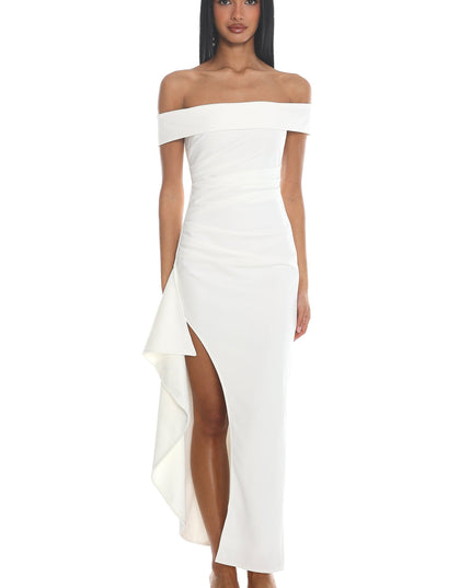 Off White Off Shoulder Thigh Split Maxi Dress
