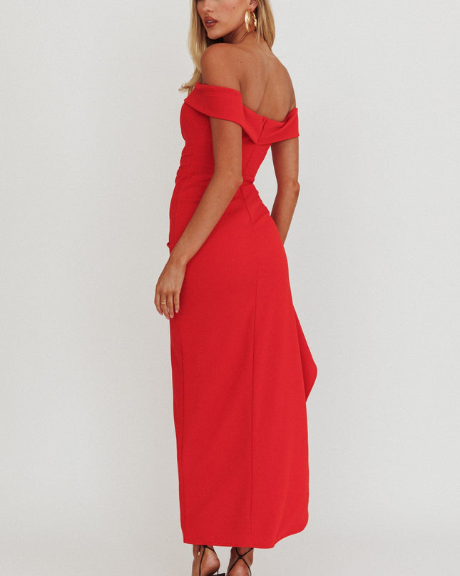 Red Strapless Thigh Split Dress