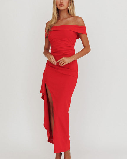 Red Strapless Thigh Split Dress