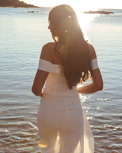 Off White Off Shoulder Thigh Split Maxi Dress