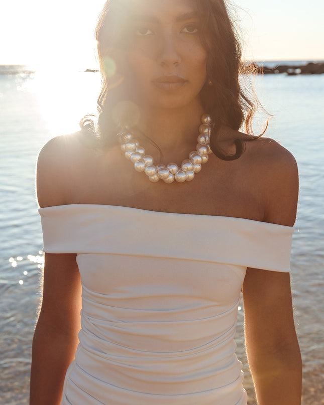 Off White Off Shoulder Thigh Split Maxi Dress